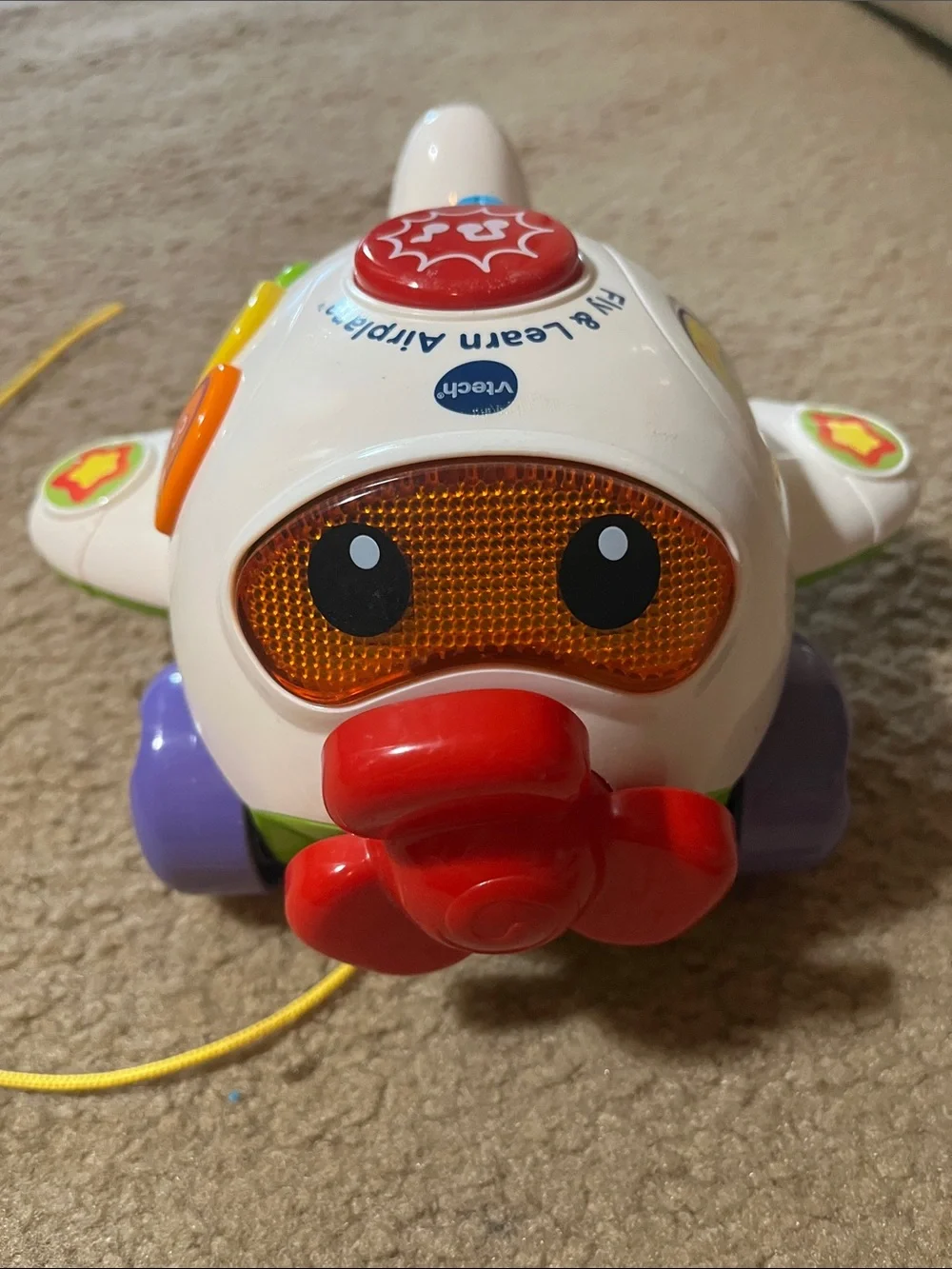 Interactive White Pull-Along Learning Airplane Toy with Colorful Buttons